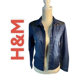 Girls Button Up Jean Shirt With Black Lace Size 12-13Y